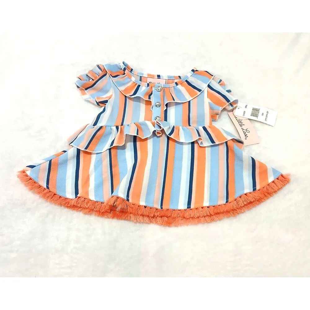 LITTLE LASS Baby Girl 2pc Cold Shoulder/Frilled Hem Blouse & Pants Set (12M) NEW - Picture 2 of 6